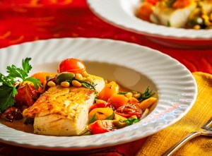 Halibut with Tomatoes, Pine Nuts and Olives